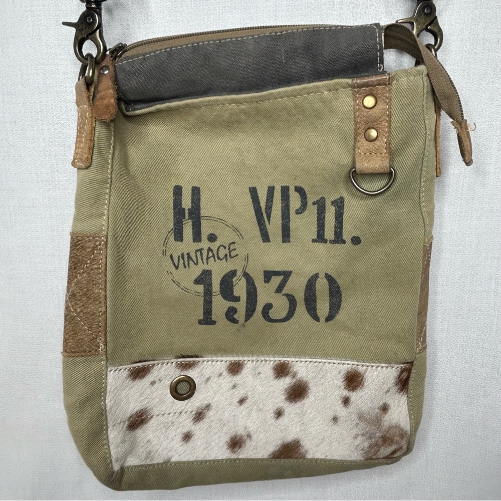 Myra Crossbody Shoulder Sling Purse Vin. 1930 Canvas Leather Cowhide Fur 11x13”